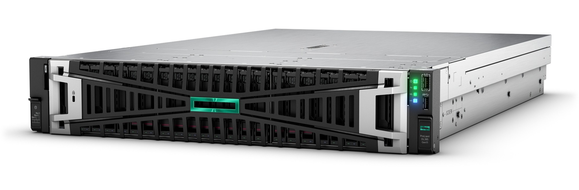 HPE ProLiant DL385 Gen11 2U rack server, front three-quarter view