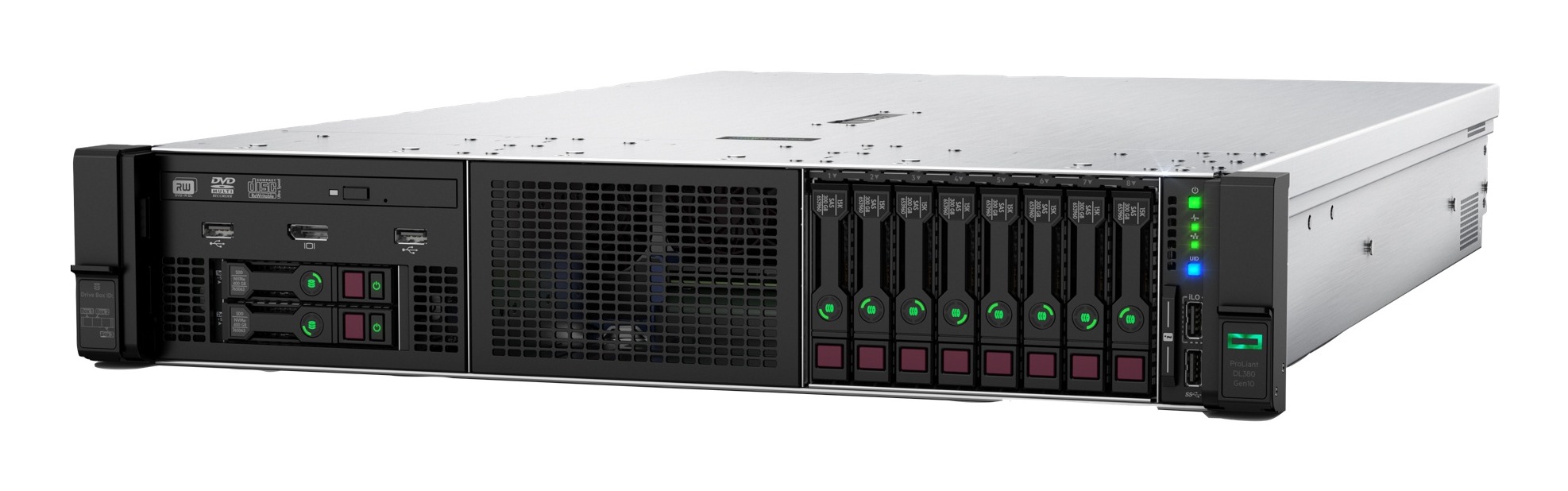 HPE ProLiant DL380 Gen10 2U rack server, front three-quarter view