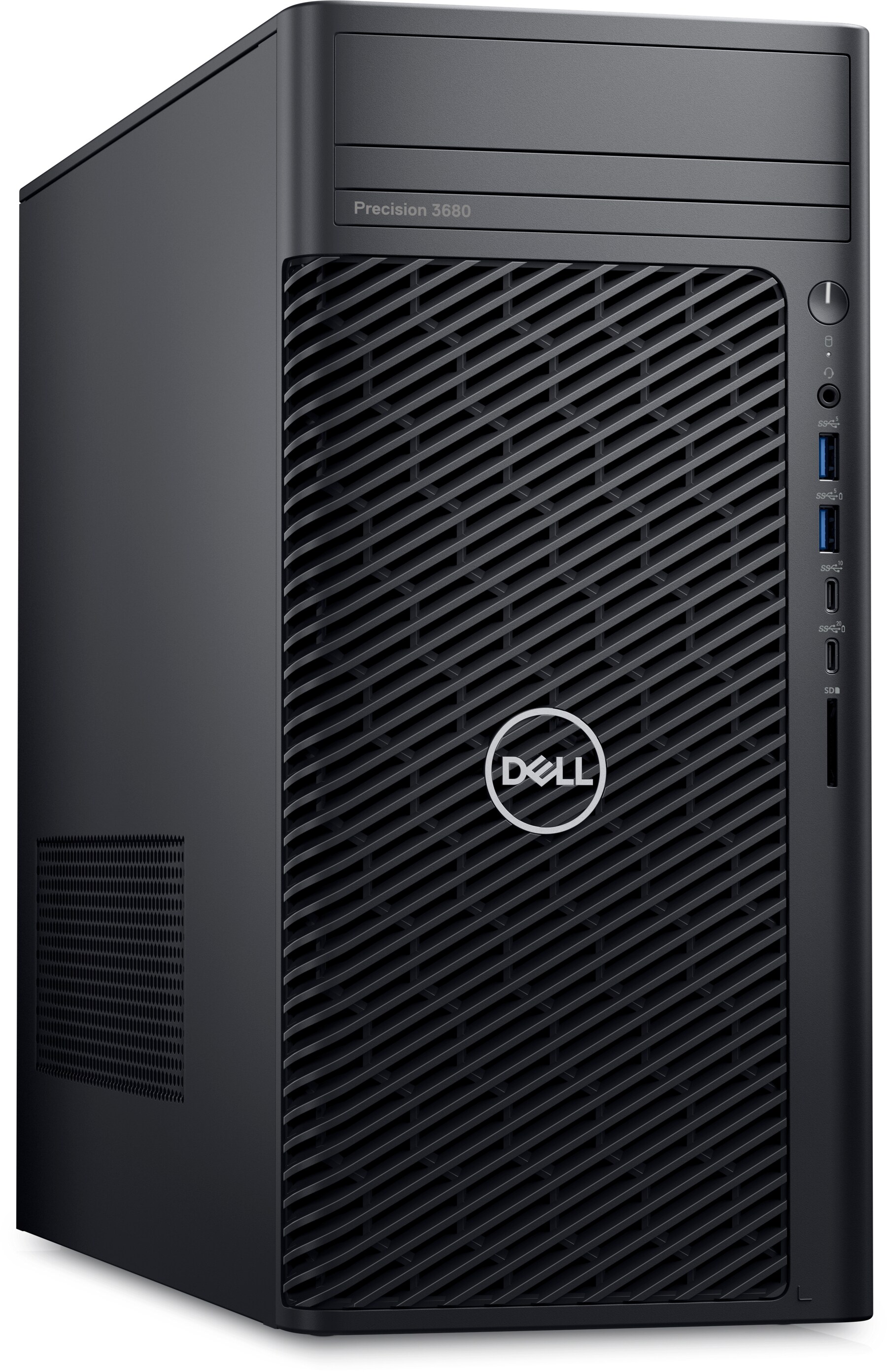 Dell Precision 3680 Tower workstation, front three-quarter view