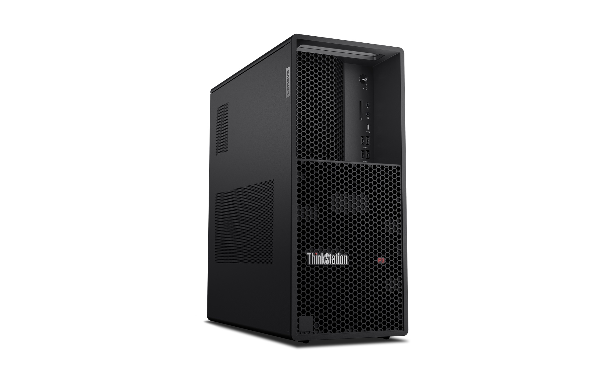 Lenovo ThinkStation P3 Tower workstation, front three-quarter view